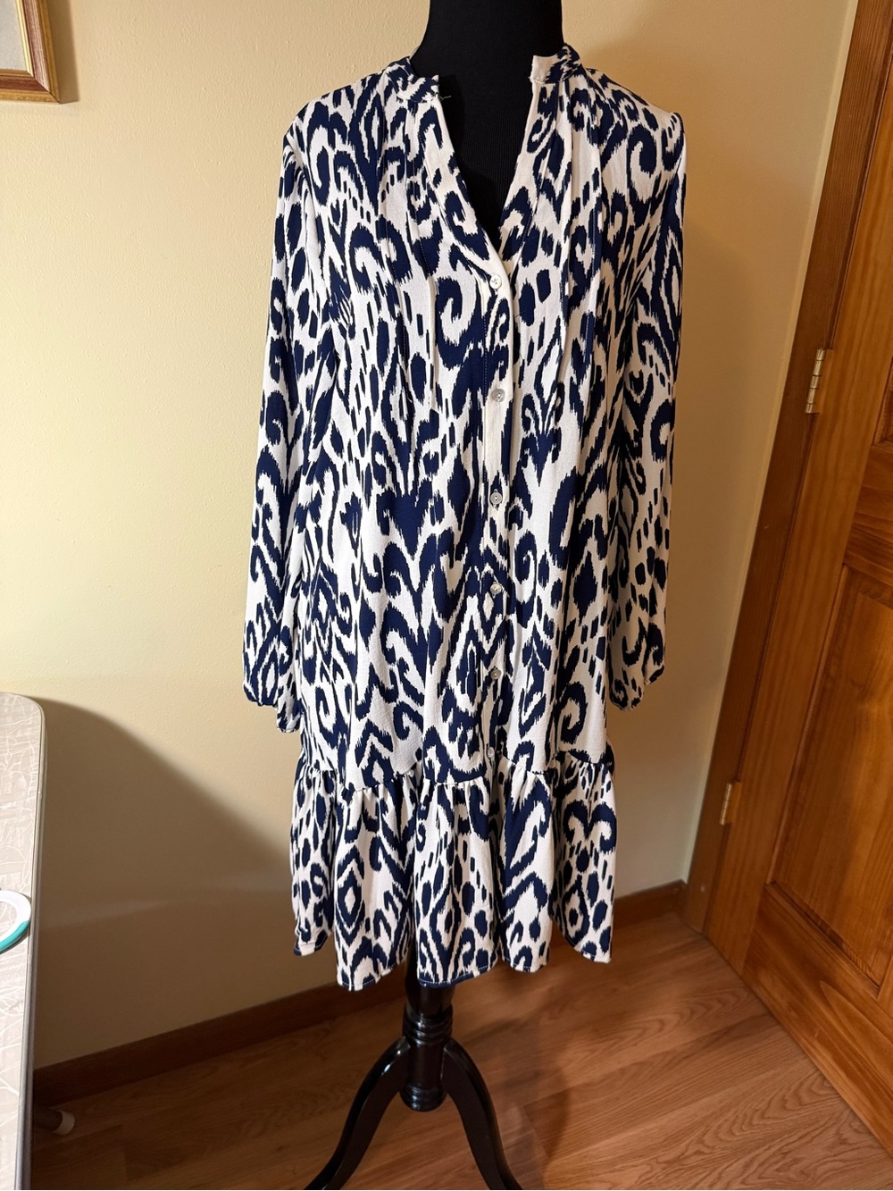 Rachel Zoe Navy and White Printed Long Sleeve Shirt Dress